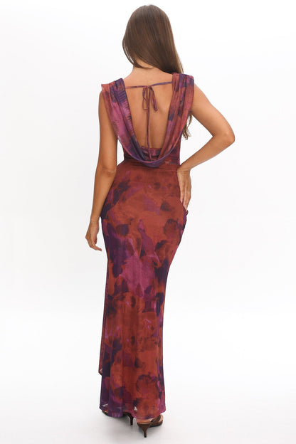 Virgo Draped Shoulder Maxi Dress in Dark Rose