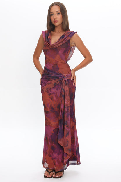 Virgo Draped Shoulder Maxi Dress in Dark Rose