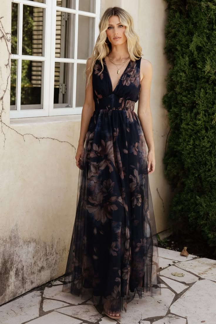 Kamila Tulle Maxi Dress in Dark Blue Floral