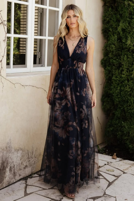 Kamila Tulle Maxi Dress in Dark Blue Floral