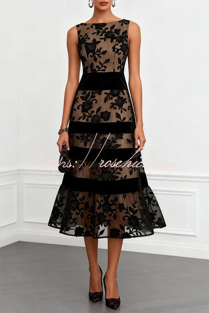 Navy blue Rosmie Flower Mesh Lace Colorblock Boat Neck Sleeveless A-Line Midi Dress
