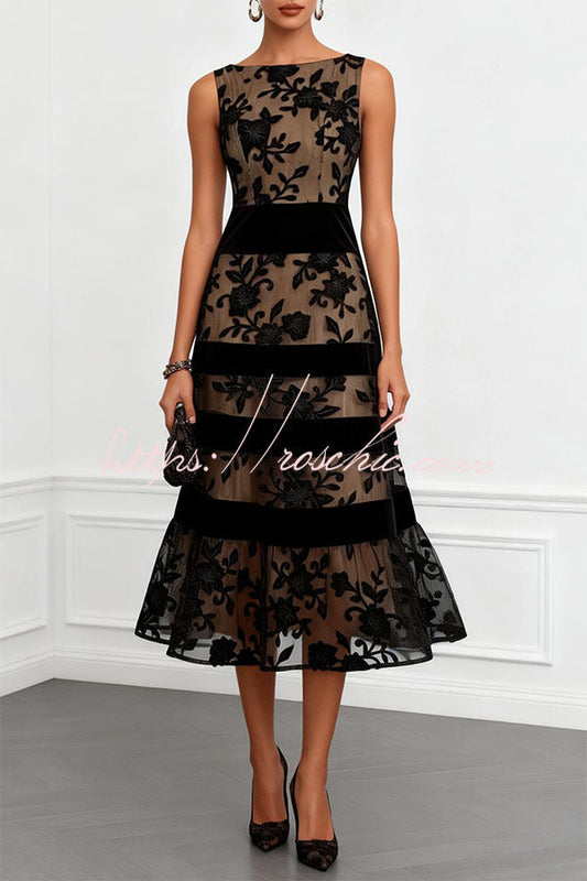 Black Rosmie Flower Mesh Lace Colorblock Boat Neck Sleeveless A-Line Midi Dress