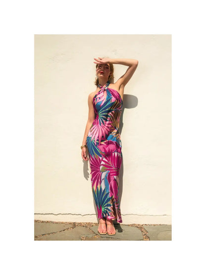 TROPICAL FUCHSIA Vivienne Halter Open-Back Maxi Dress