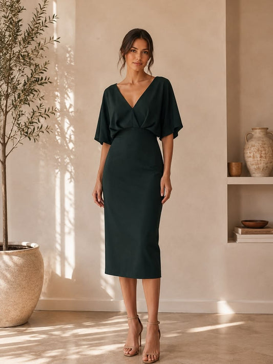 Margot V-Neck Midi Dress in Deep Evergreen