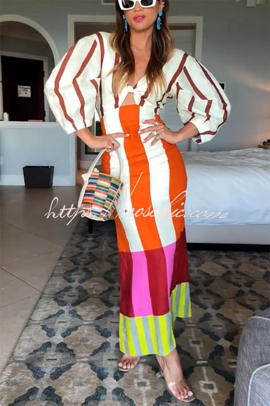 Kaya Linen Blend Color Block Print Front Cutout Knot Puff Sleeve Maxi Dress