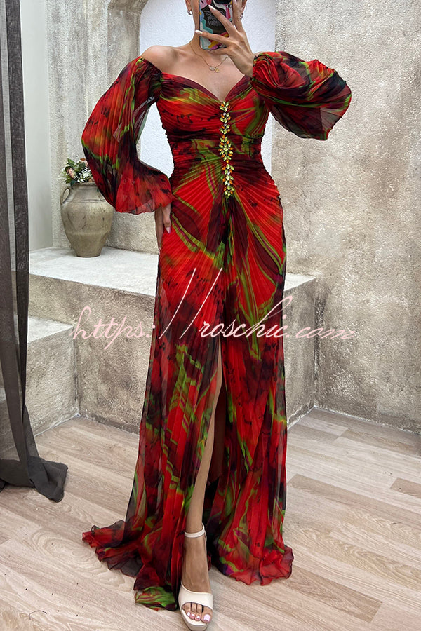 Yellow Sunset Serenade Printed Off Shoulder Diamond Embellished Pleated Slit Maxi Dress