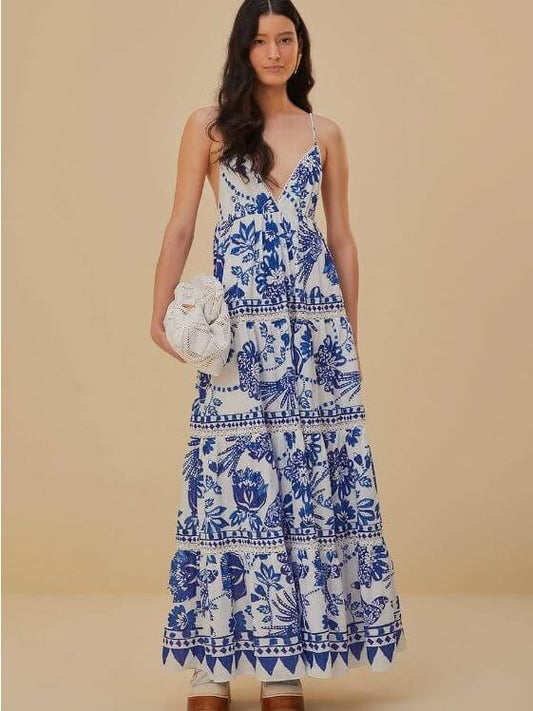 Iris Floral Maxi Dress in Blue & White