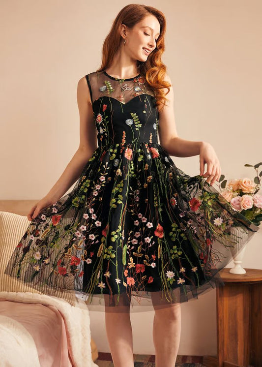 Margot Embroidered Mesh Fit & Flare Dress