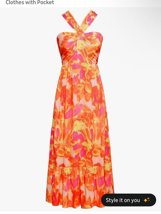 Grace Karin Dresses | Grace Karin Orange & Pink Floral Halter Maxi Dress | Color: Orange/Pink | Size: 6