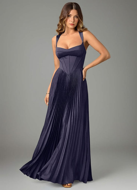 Adelaide A-Line Stretch Satin Floor-Length Dress in Stormy