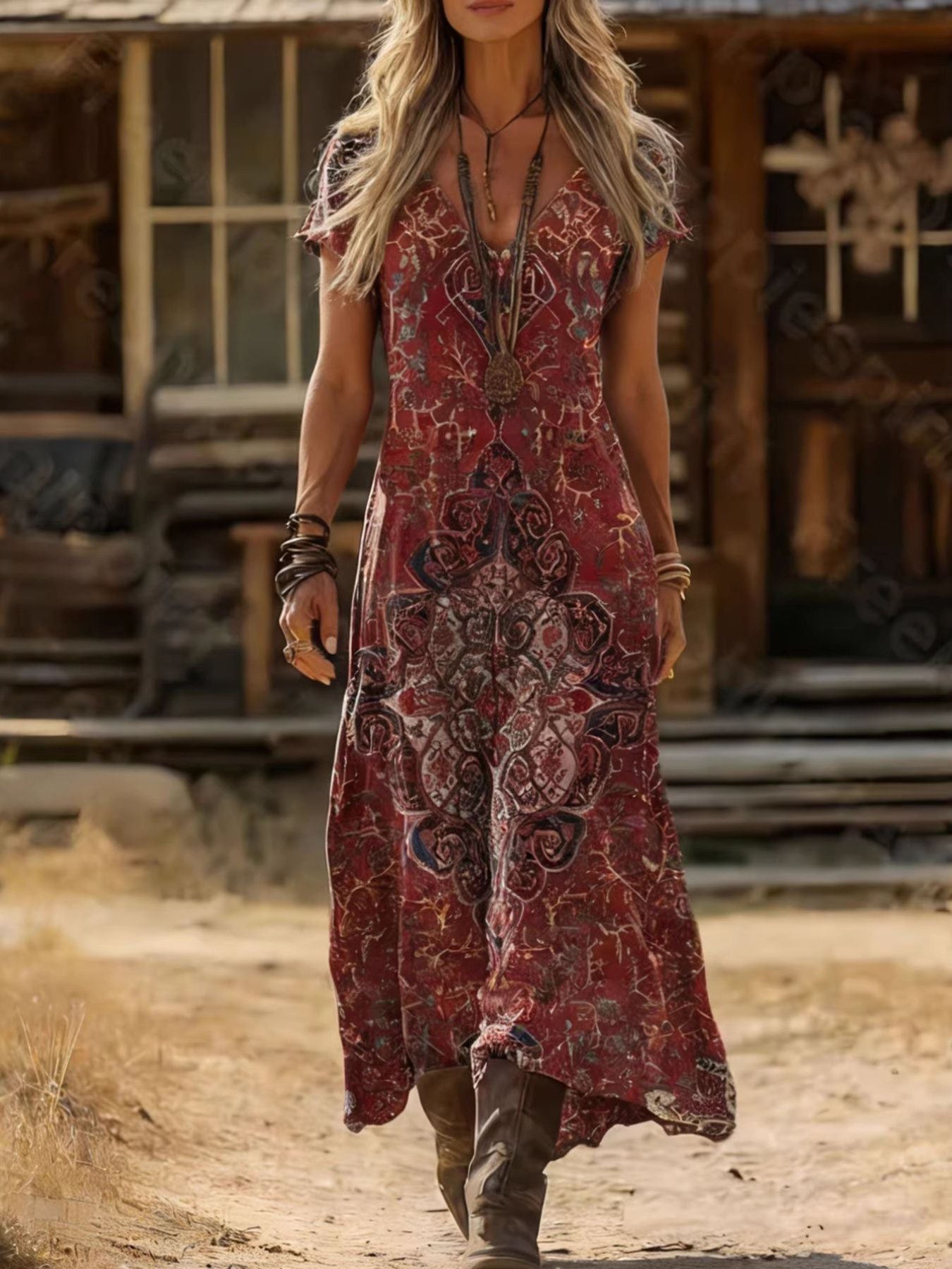 Neck Short Sleeve Midi Dress Margot Printed V-Neck Tiered Dress
