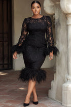 Xpluswear Design Plus Size Cocktail Party Black Round Neck Long Sleeve Feather Elegant Bodycon Lace Midi Dresses Black-L