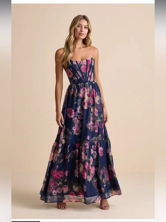 Roane Navy Floral Organza Bustier Maxi Dress