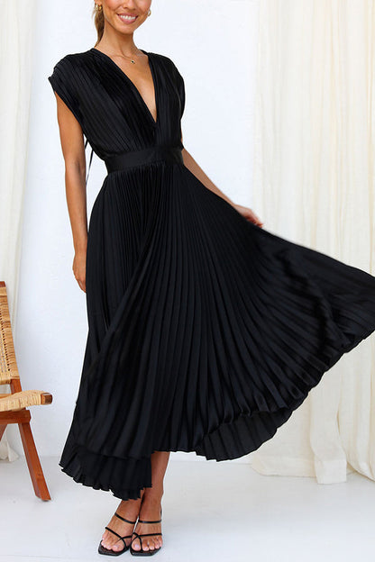Green Georgiana Satin Pleated Midi Dress