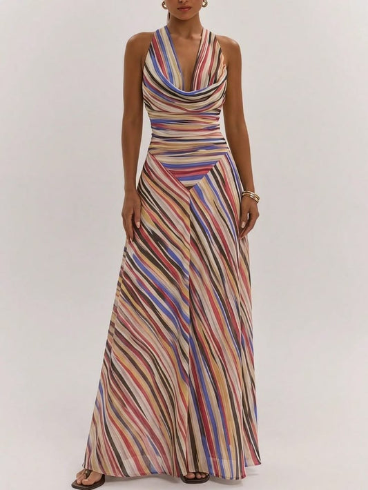 Multicolor Elegant Women's Draped Neck Asym Hem A-Line Striped Dress | Color: Pink | Size: Various