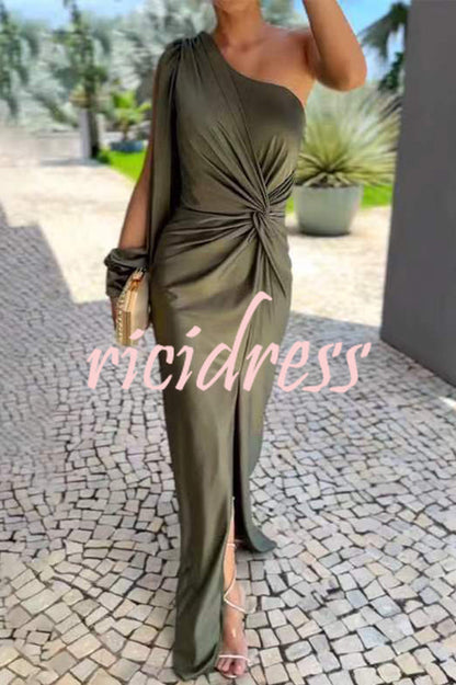 Green Arabella Satin One-Shoulder Maxi Dress