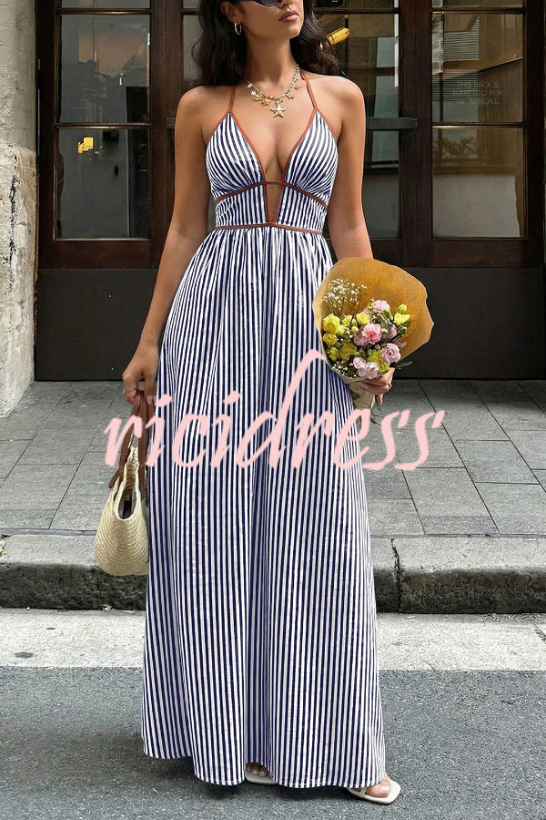 Wine Red Margot Striped V-Neck Maxi Dress