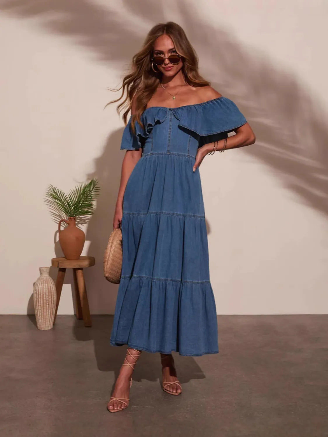 Dark Blue Margot Off-Shoulder Tiered Denim Dress