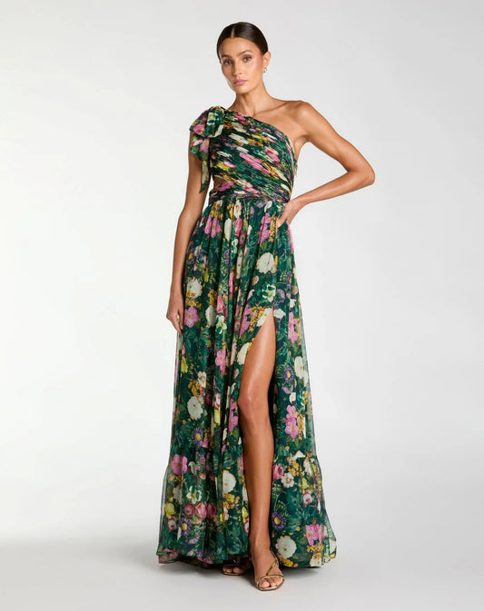 Deep Green Multi Marcella One-Shoulder Chiffon Gown