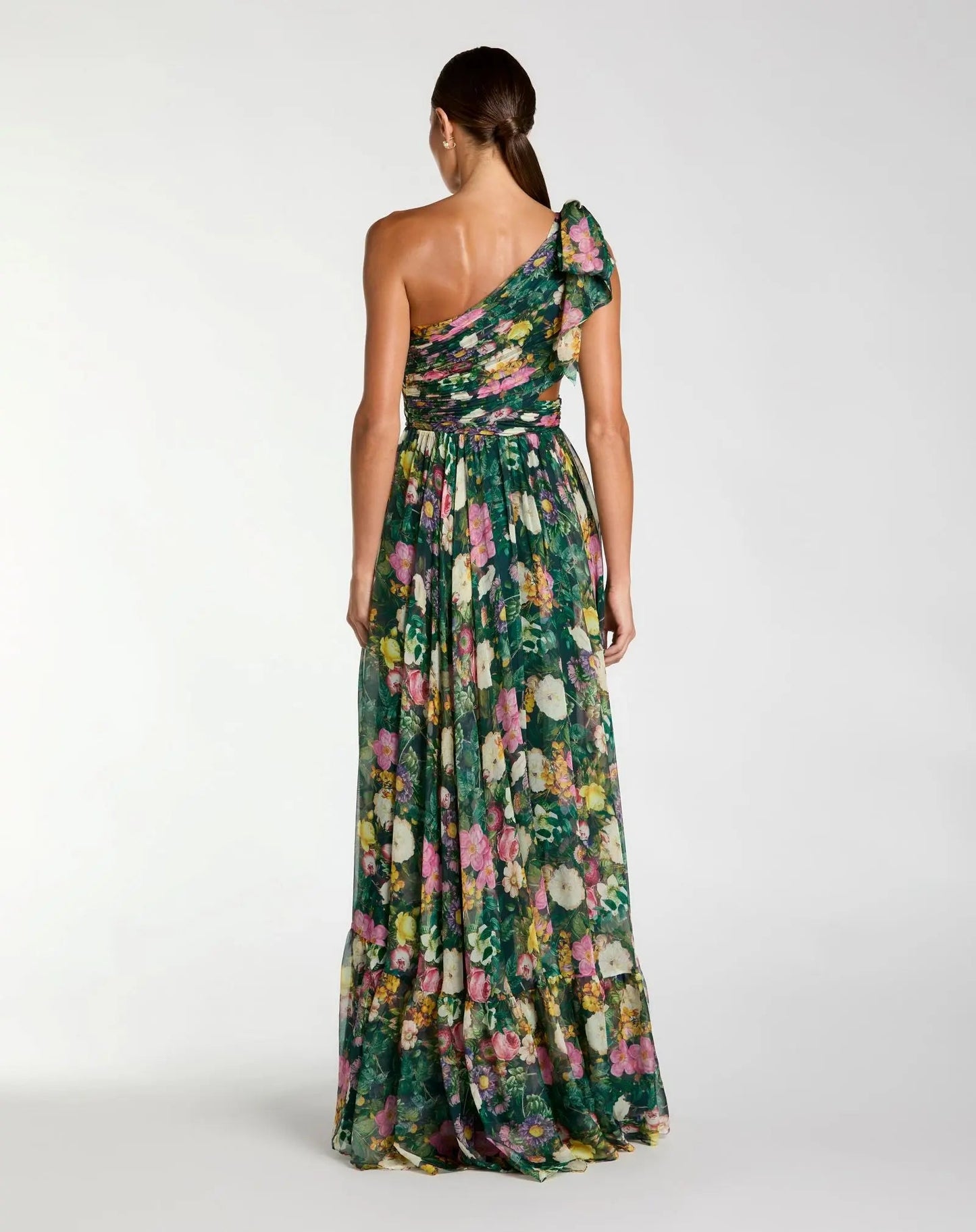Deep Green Multi Marcella One-Shoulder Chiffon Gown