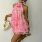 Light Pink Boho Women's Elegant Floral Print Halter Mini Dress | Color: Pink | Size: Various