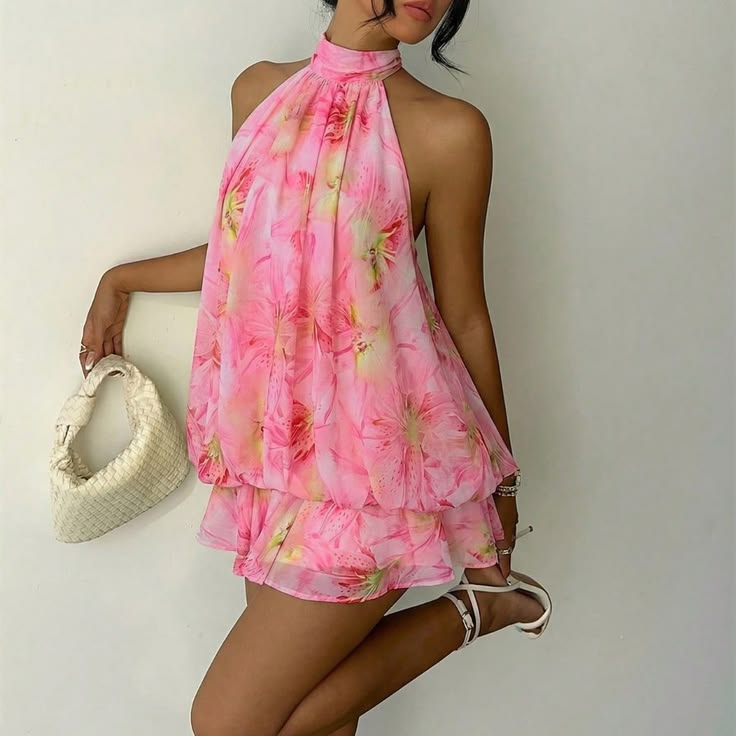 Light Pink Boho Women's Elegant Floral Print Halter Mini Dress | Color: Pink | Size: Various