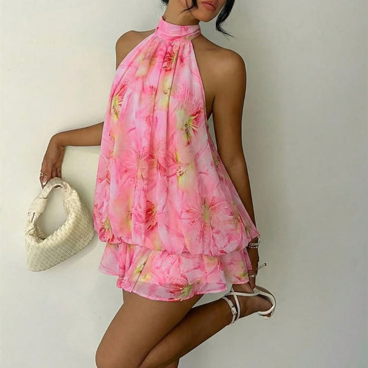 Light Pink Boho Women's Elegant Floral Print Halter Mini Dress | Color: Pink | Size: Various