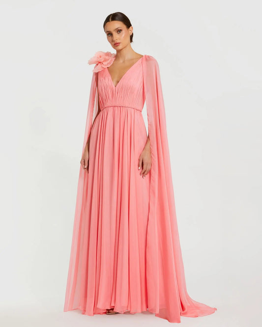 Neck Gown With Cape Sleeves Pink Chiffon V-Neck Gown With Cape Sleeves
