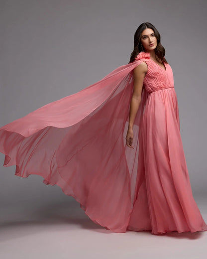 Neck Gown With Cape Sleeves Pink Chiffon V-Neck Gown With Cape Sleeves