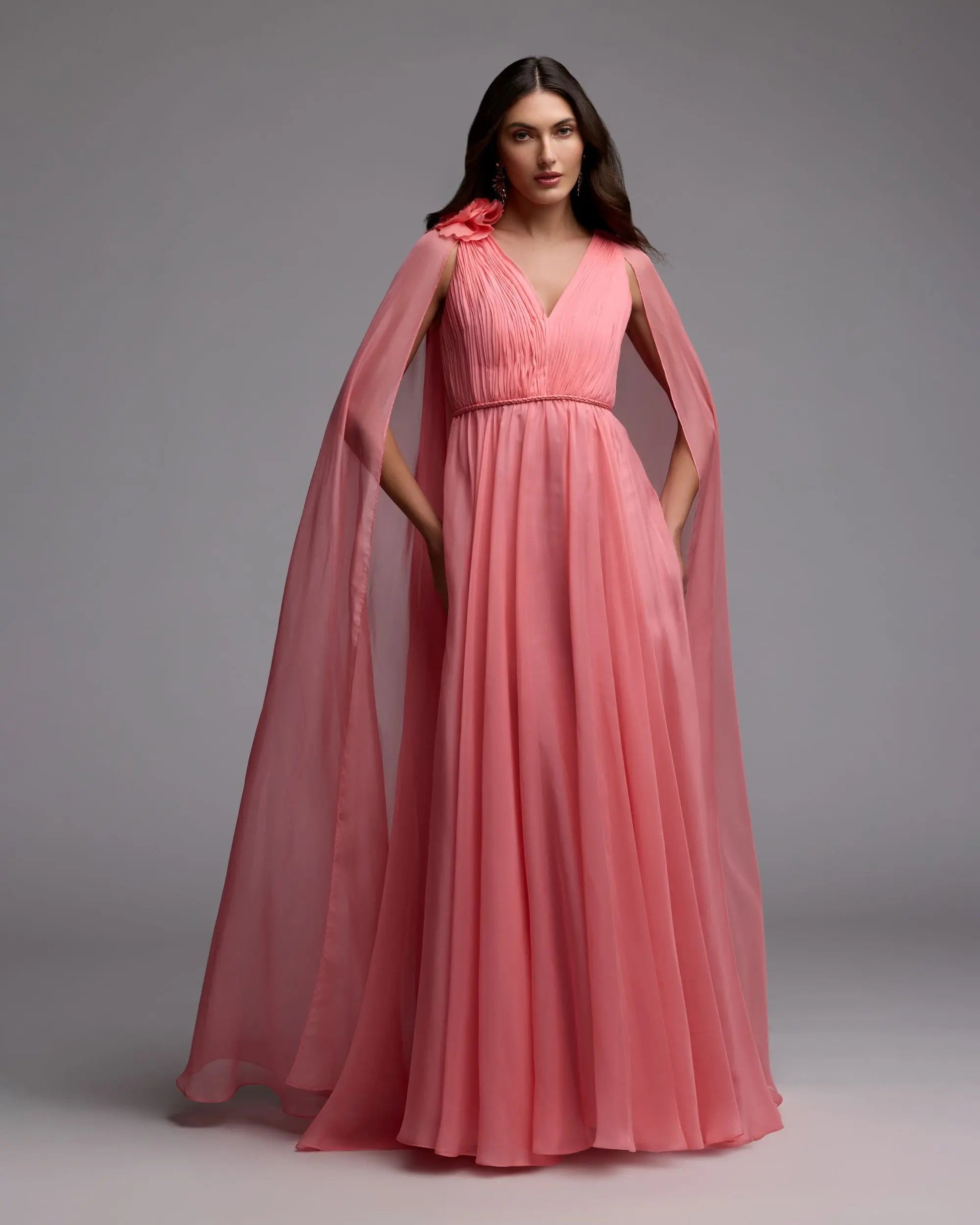 Neck Gown With Cape Sleeves Pink Chiffon V-Neck Gown With Cape Sleeves