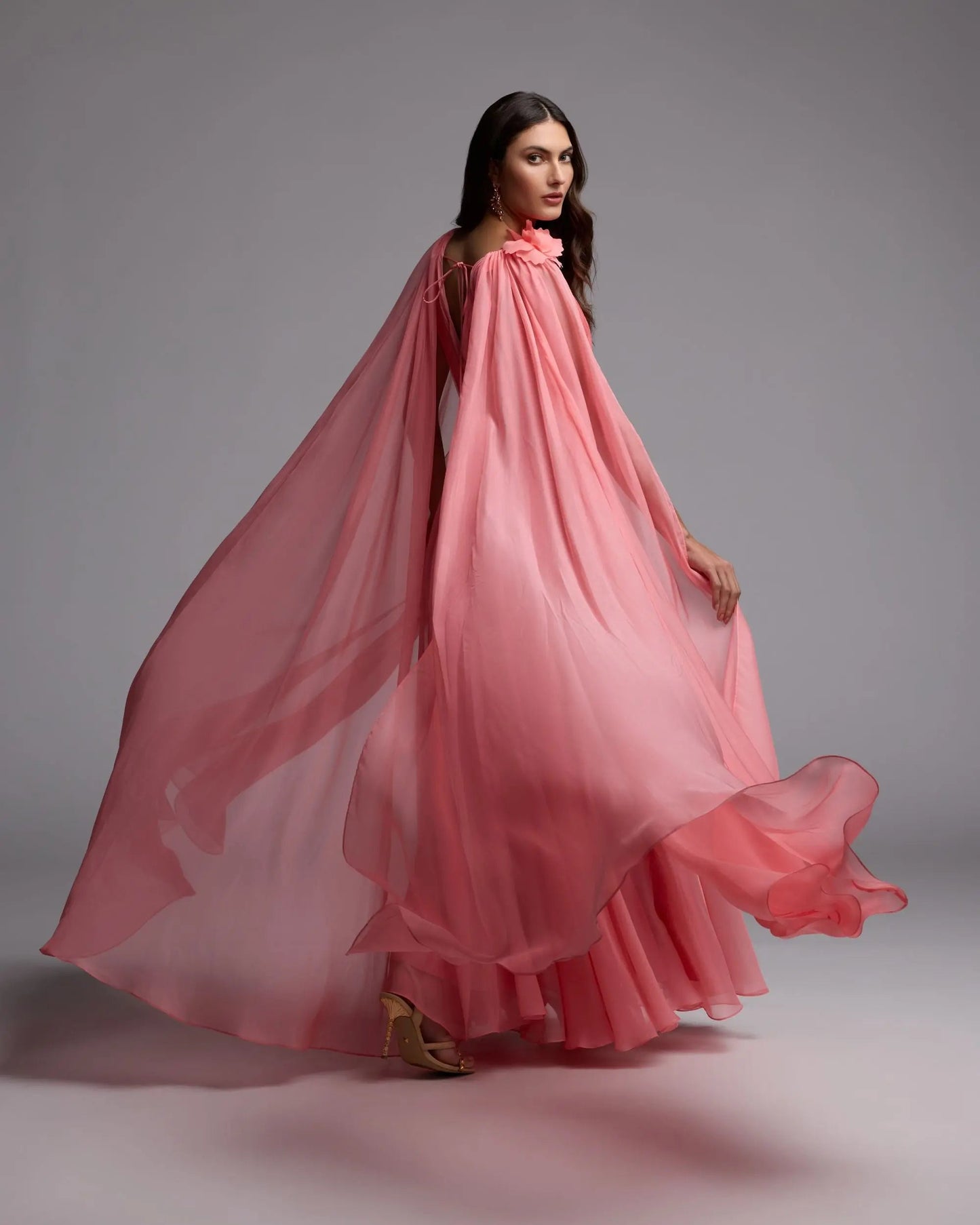 Neck Gown With Cape Sleeves Pink Chiffon V-Neck Gown With Cape Sleeves