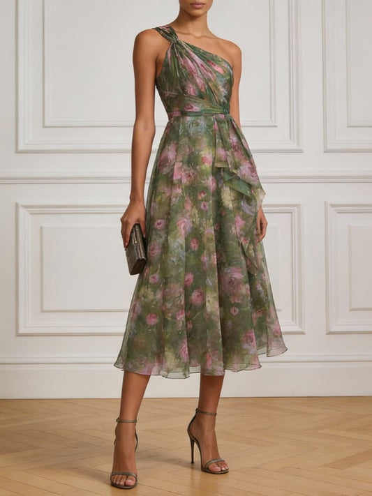 Ophelia Chiffon Midi Dress in Sage Floral