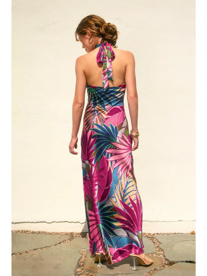 TROPICAL FUCHSIA Vivienne Halter Open-Back Maxi Dress