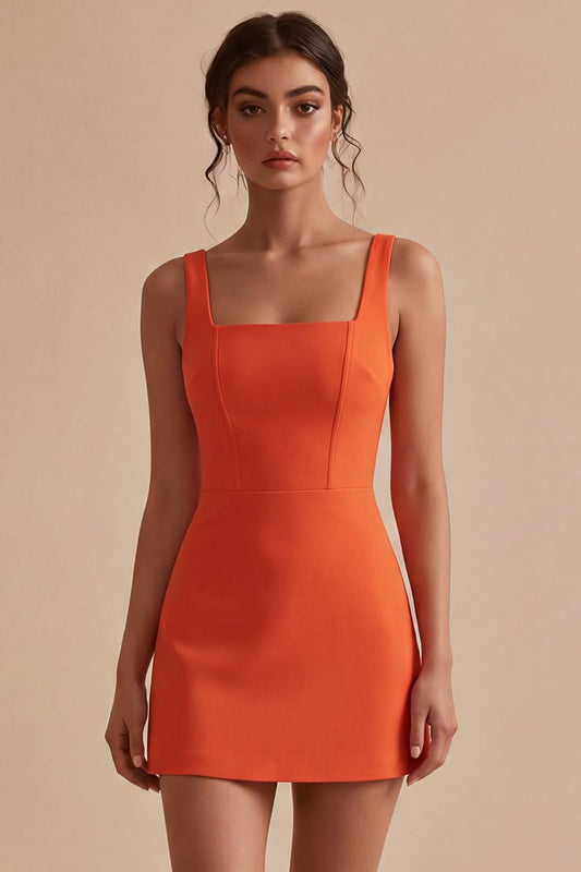 Orange Tight Short Square Neck Graduation Dress - Orange / US18W