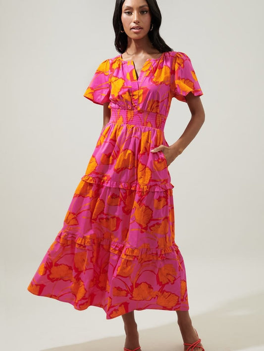 Sugarlips Dresses | Pink & Orange Floral Tiered Midi Dress | Color: Orange/Pink | Size: M