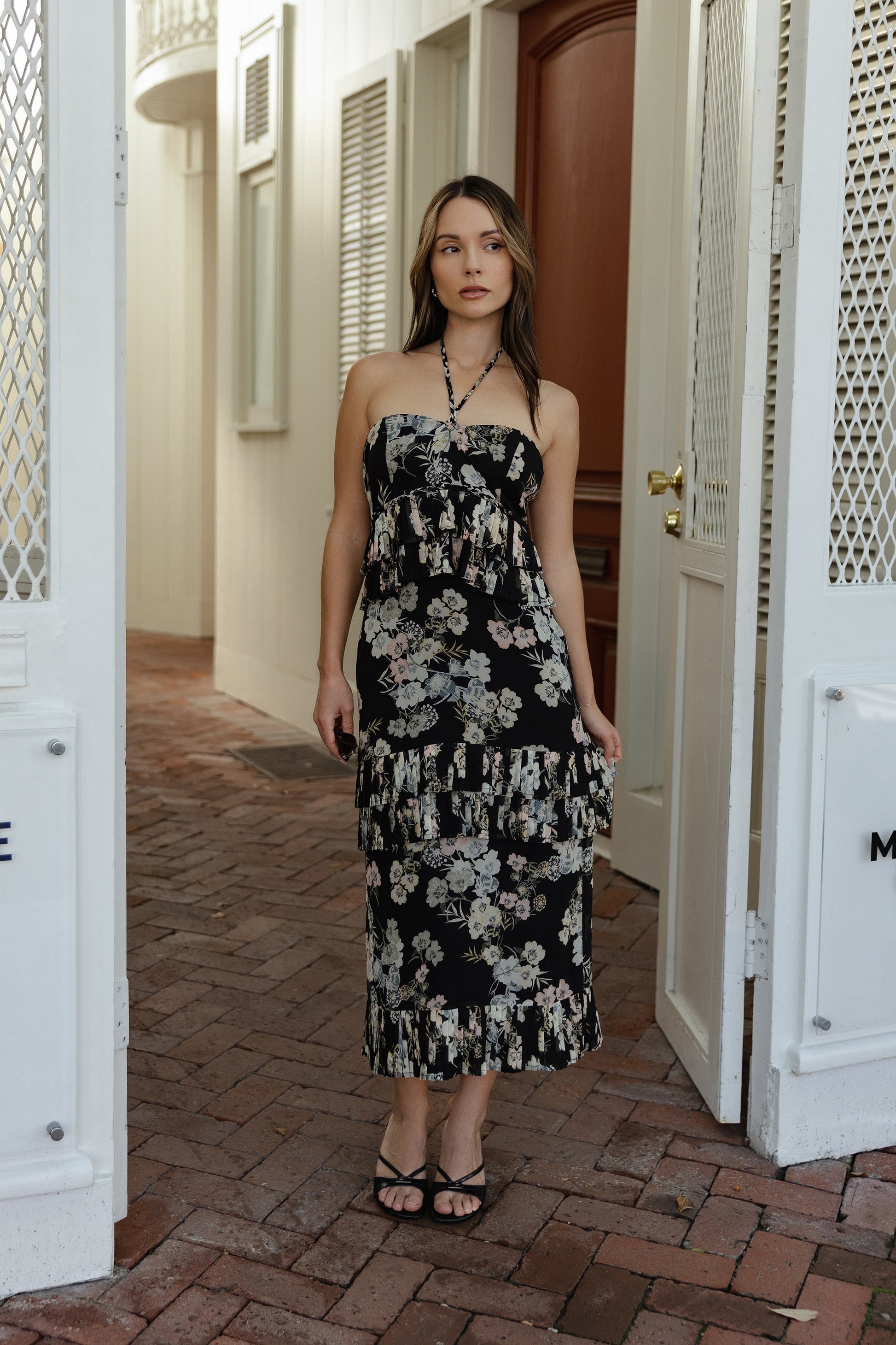 Black floral Camila Halter Midi Dress