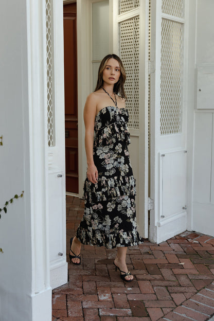 Black floral Camila Halter Midi Dress