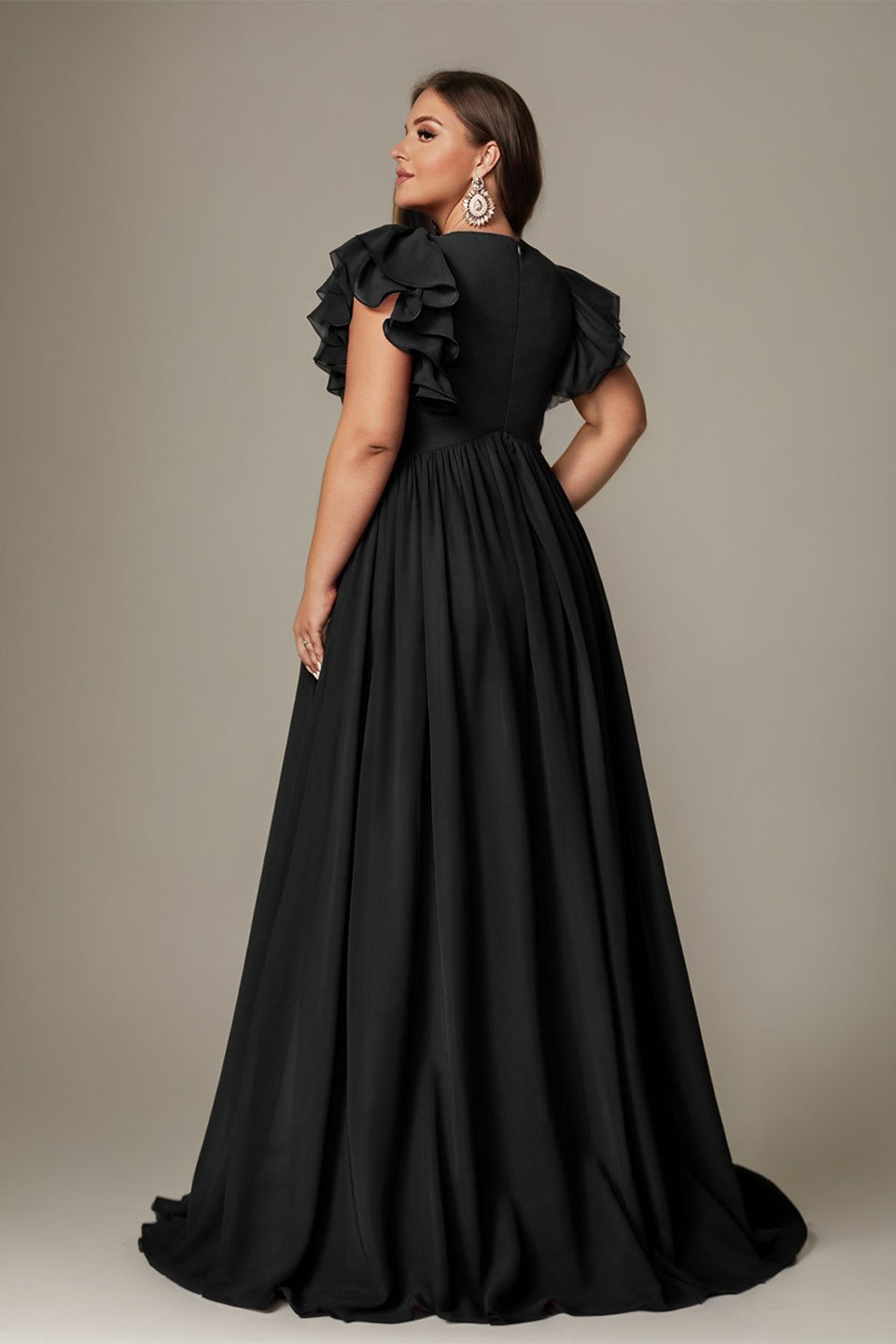Olivegreen Curveins Plus Size V-Neck Ruffle Sleeve Split A-Line Maxi Dress - 28/5X / Brown