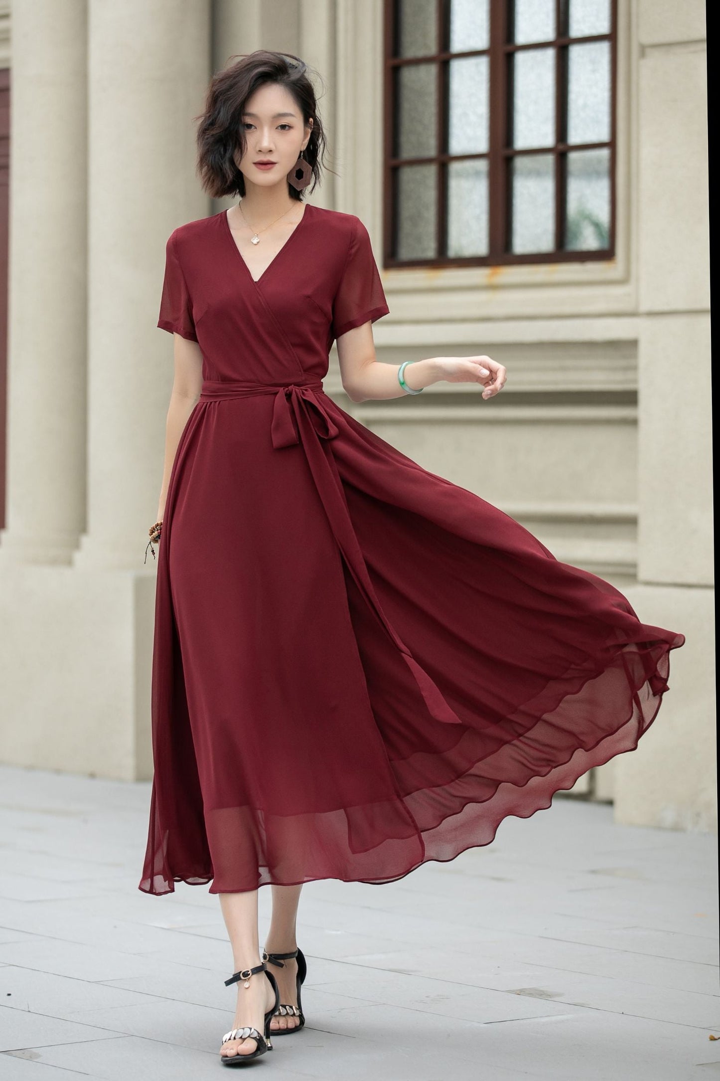 Neck Wrap Style 5222 Burgundy midi fit and flare prom chiffon dress