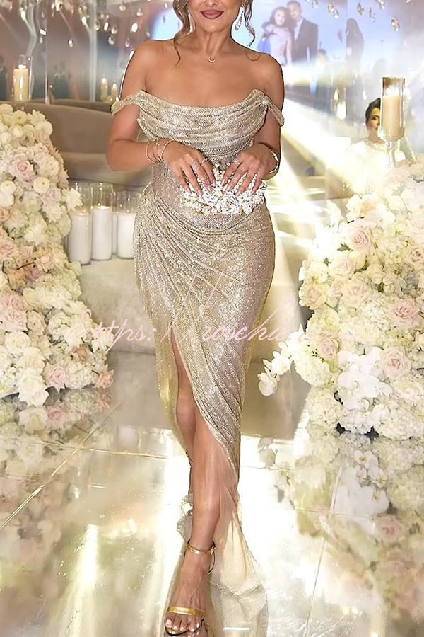 Gold Veronica Glitter Off-Shoulder Maxi Dress