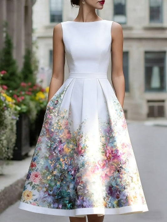 Women's Elegant Summer Cotton Linen Printed Midi Dres As shown-2XL