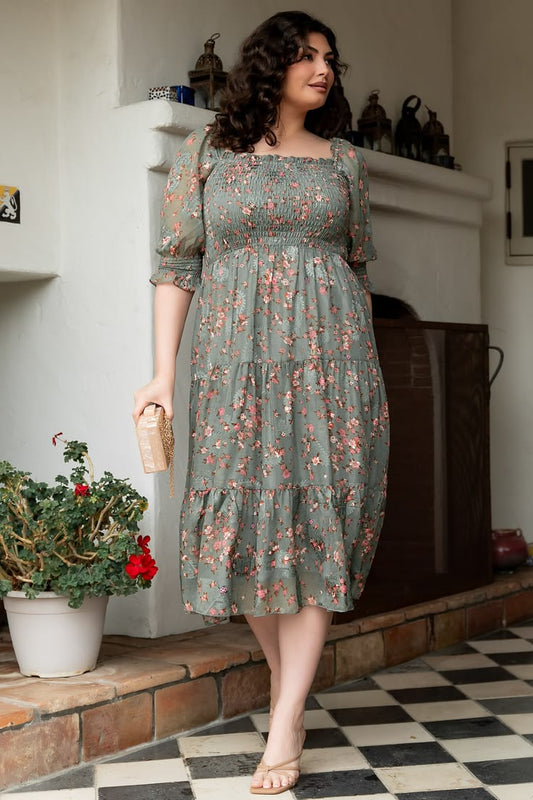 Fabian Jacquard Midi Dress | Eucalyptus + Pink - S