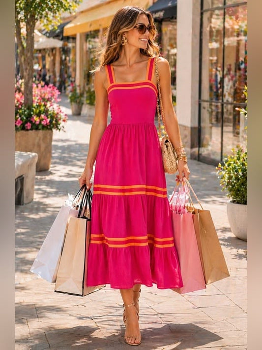 Ted Baker Dresses | Ted Baker Norabel Tiered Jersey Vest Midi Dress Bright Pink Orange Size 2 Preppy | Color: Orange/Pin