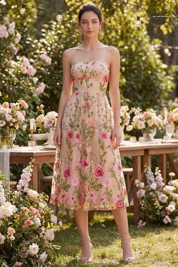 Tüll A-Line Blush Trägerloses Besticktes Florales Midi-Kleid