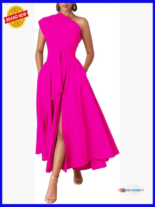 One Shoulder Maxi Dress A-Line Formal Cocktail Evening Gown | Color: Pink | Size: Various
