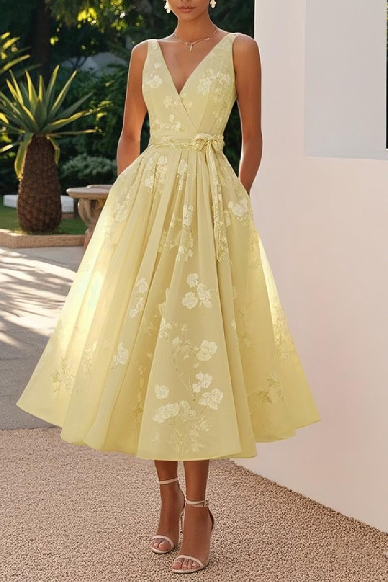 Yellow Adelaide Lace A-Line Tea Length Dress