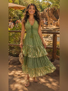 Pia Sage & Gold Embellished Tiered Maxi Dress