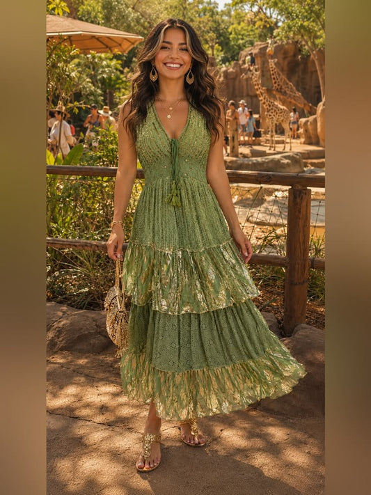 Pia Sage & Gold Embellished Tiered Maxi Dress
