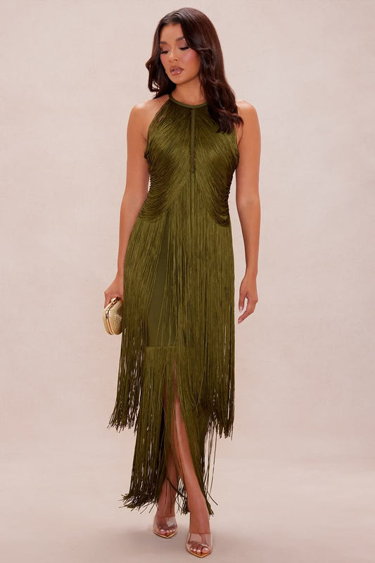 Nolana Fringe Maxi Gown in Olive