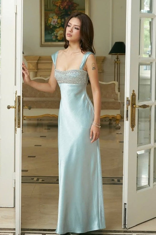 Blue Valentina Patchwork Rhinestone Maxi Dress